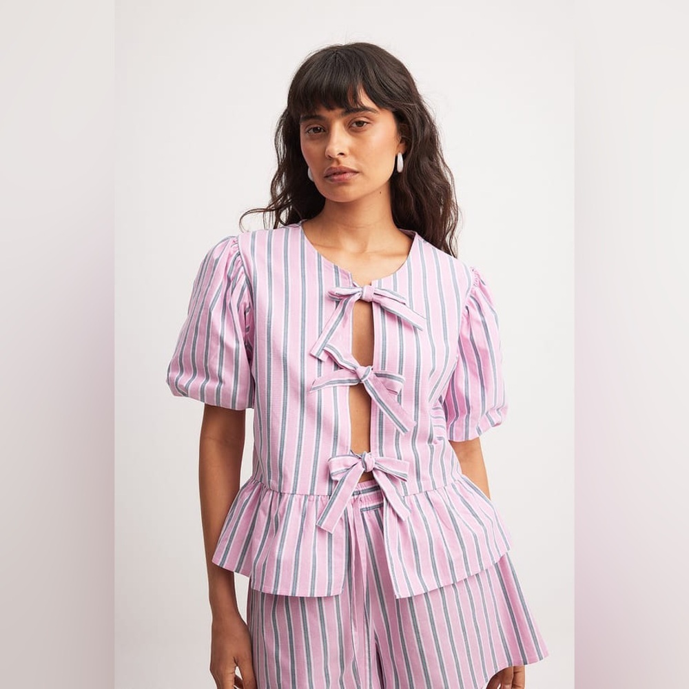 NAKD Striped Tie Detail Puffy Sleeve Blouse
